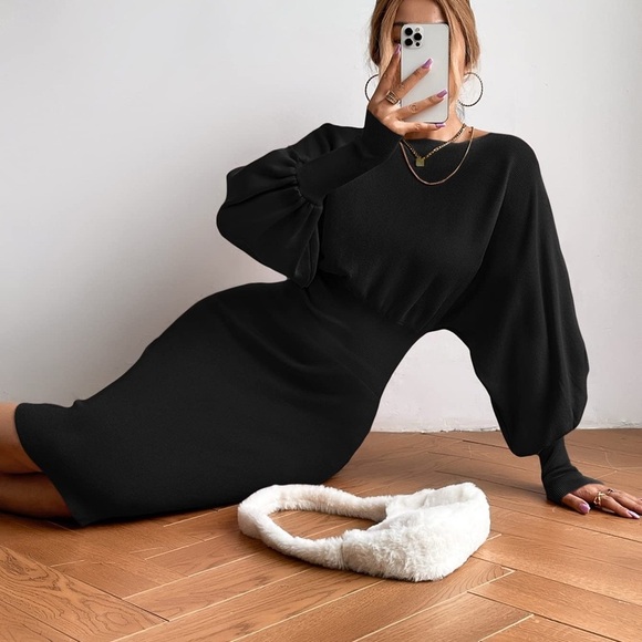 Black Bodycon Dress with Bishop Sleeves and Mock Neck - Picture 6 of 6